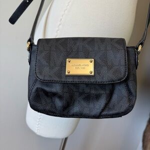 Michael Kors Black  and Gray Canvas Crossbody Bag with Gold Details